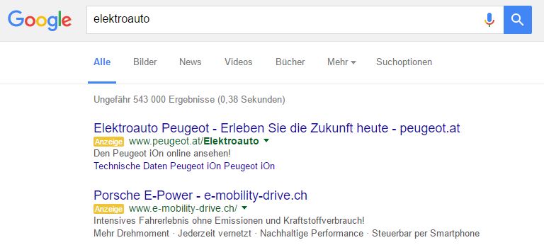 Google Adwords Anzeigen Suche Elektroauto